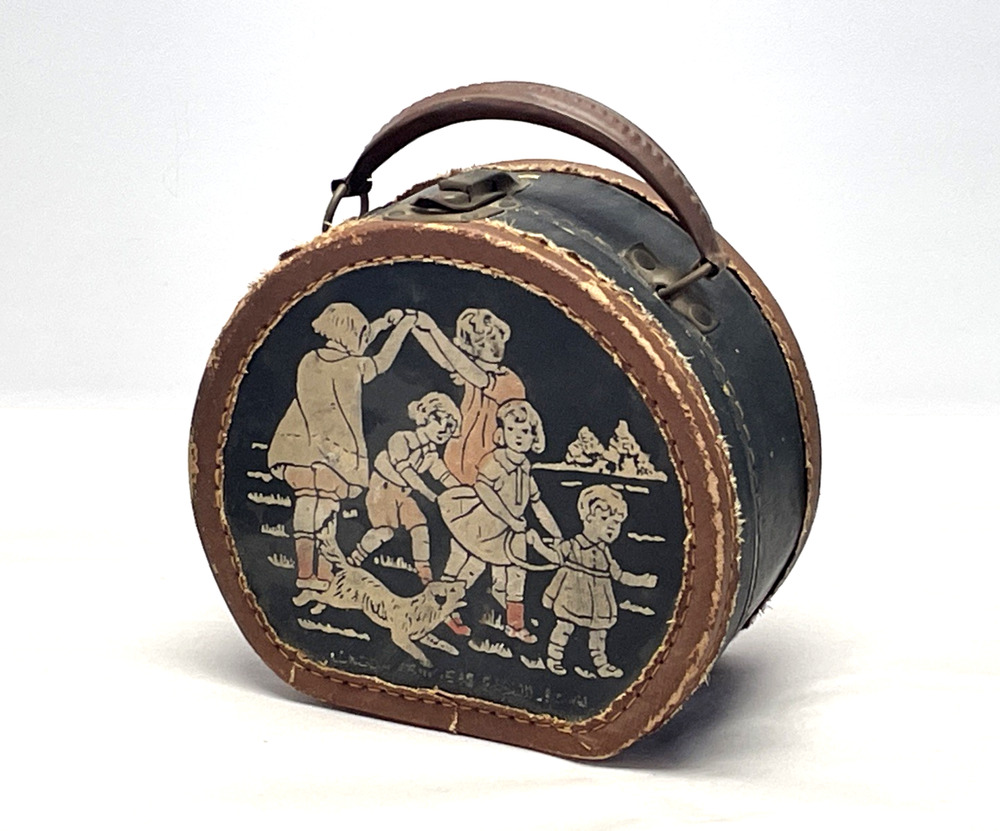 Antique 1920s Miniature Leather Hatbox Travel Case Child Figural Scene 8"
